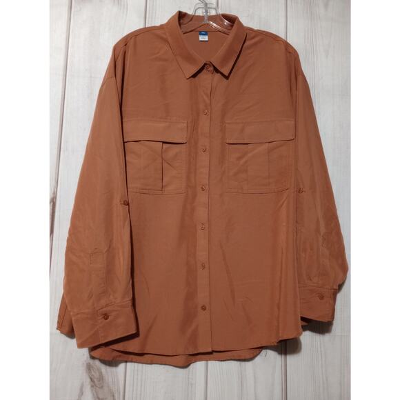 Old Navy Shirt Mens 2XL Brown Utility Button Up Long Sleeve Workwear Pockets - Picture 1 of 7
